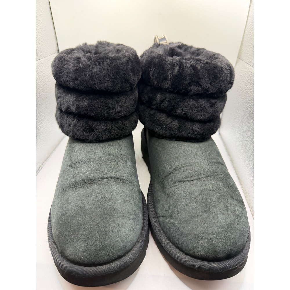 UGG Fluff Mini Quilted Black Suede Sheepskin Fur Ankle Boots 1098533 Womens 8‎